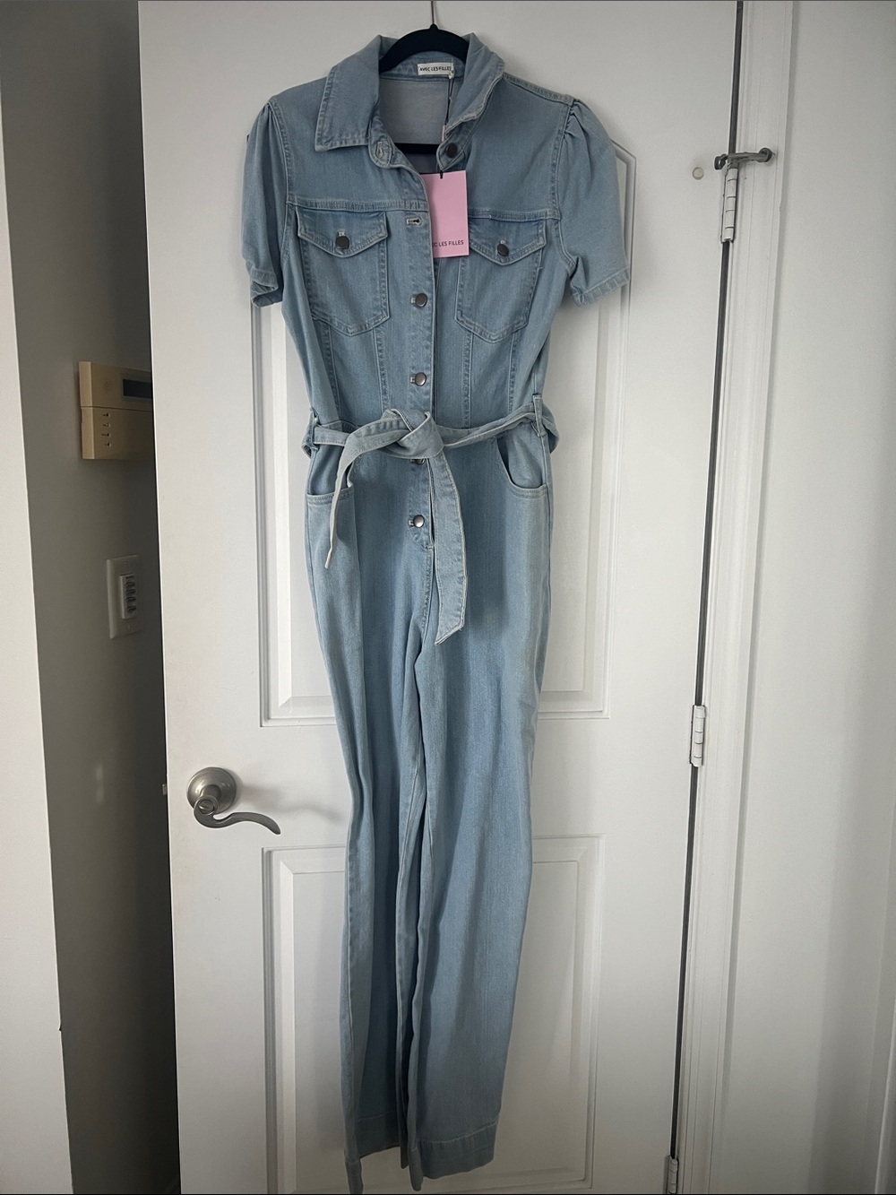 Avec  les Filles Light Blue Denim Jumpsuit w/pockets, puff sleeves & Tie Waist